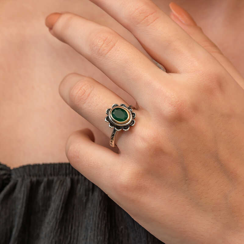 Silver Green Flower Patterned Authentic Women’s Ring