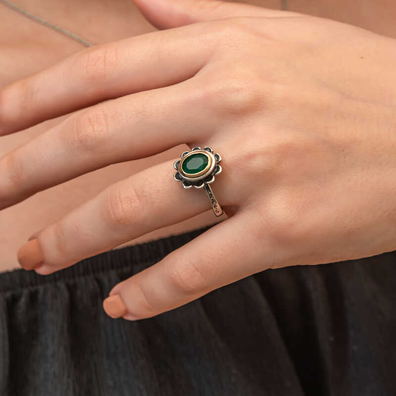 Silver Green Flower Patterned Authentic Women’s Ring