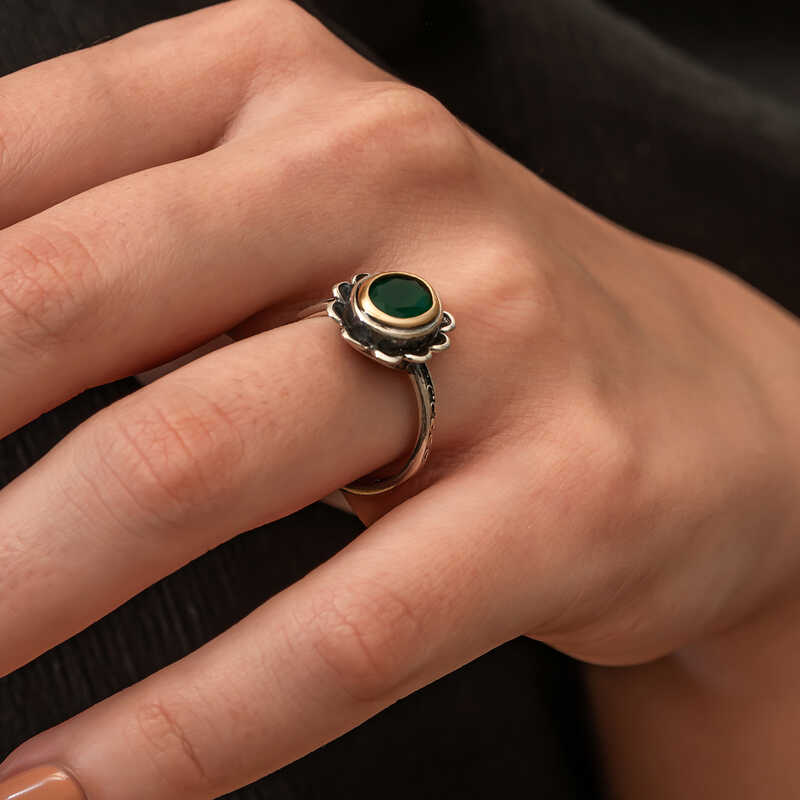 Silver Green Flower Patterned Authentic Women’s Ring