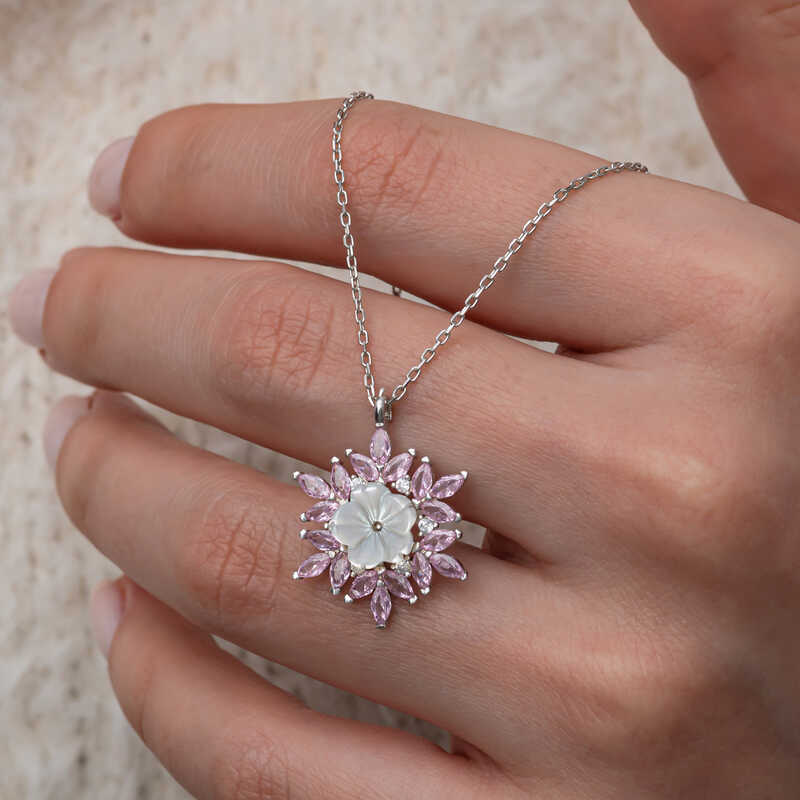 Silver Pink Lotus Patterned Flower Women’s Necklace