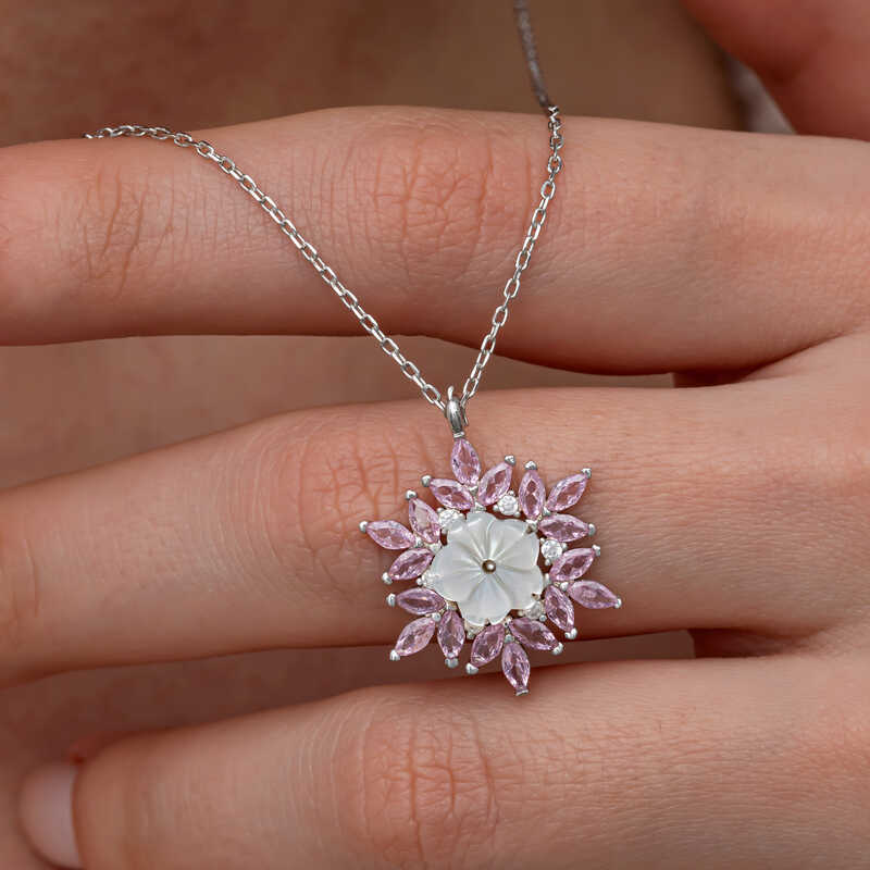 Silver Pink Lotus Patterned Flower Women’s Necklace
