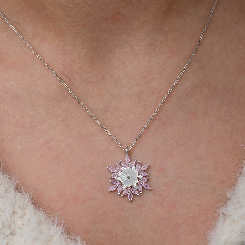 Silver Pink Lotus Patterned Flower Women’s Necklace