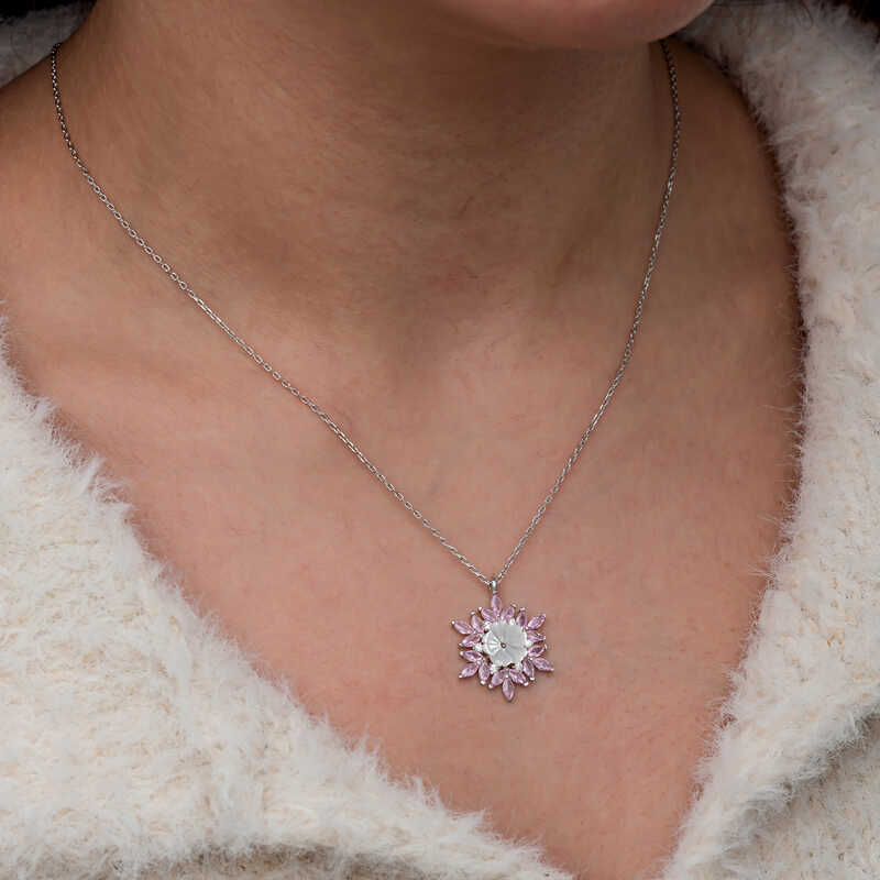 Silver Pink Lotus Patterned Flower Women’s Necklace