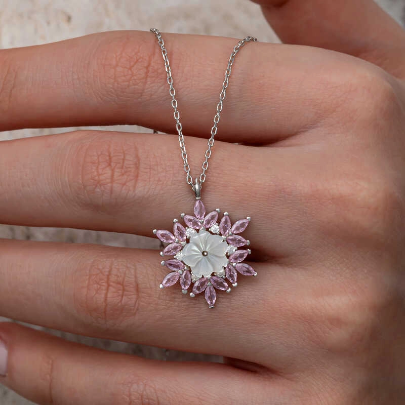 Silver Pink Lotus Patterned Flower Women’s Necklace