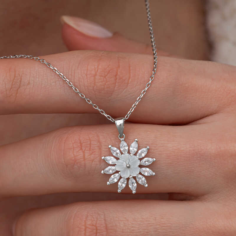 Silver White Magnolia Flower Women’s Necklace