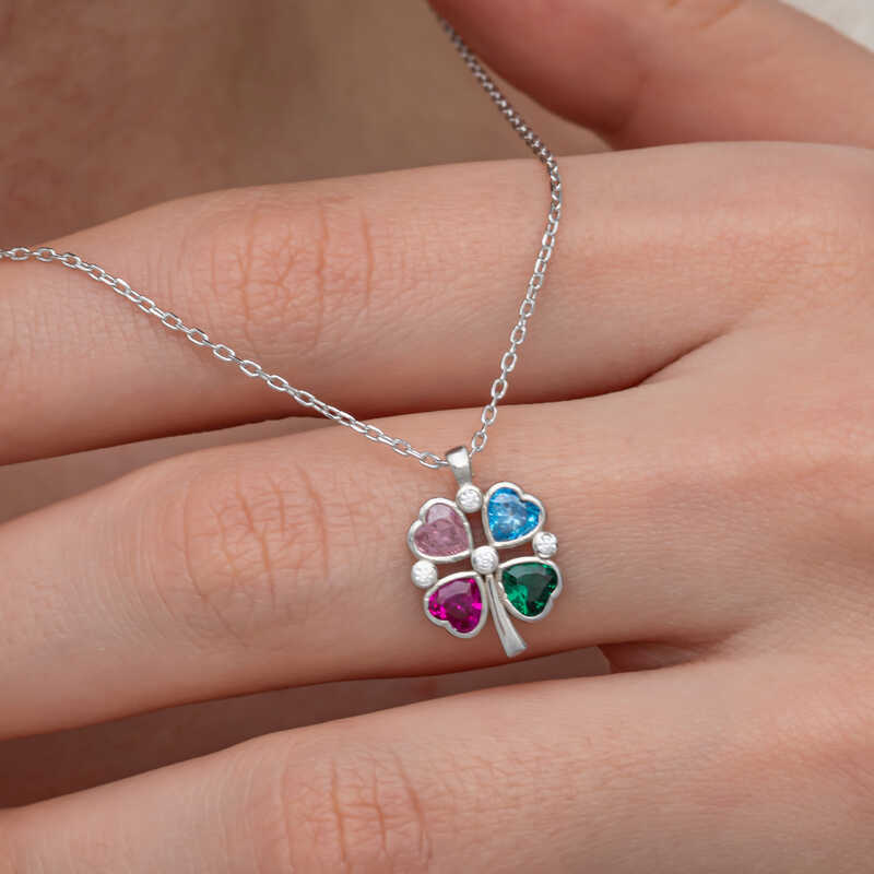 Silver Color Stone Heart Figured Clover Necklace