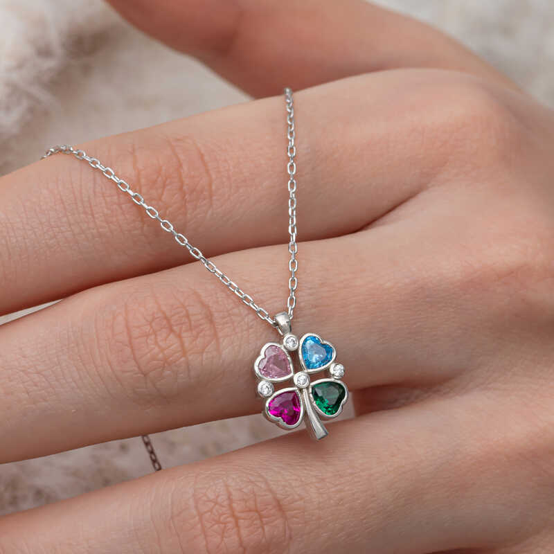 Silver Color Stone Heart Figured Clover Necklace