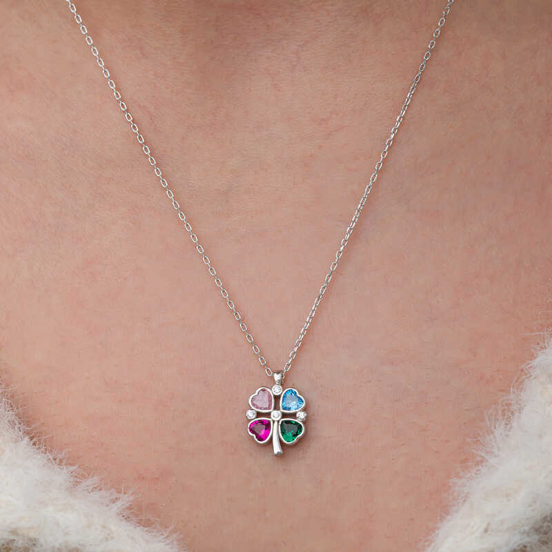 Silver Color Stone Heart Figured Clover Necklace