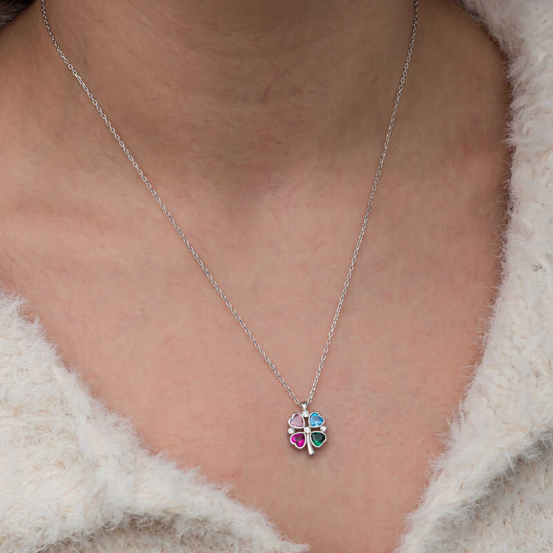 Silver Color Stone Heart Figured Clover Necklace
