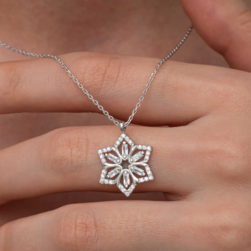 Silver Baguette Stone Flower Women’s Necklace