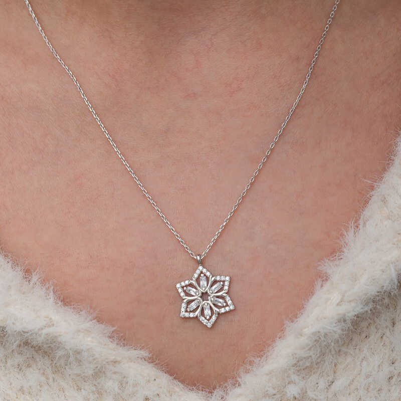 Silver Baguette Stone Flower Women’s Necklace