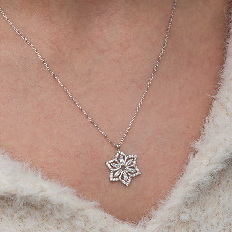 Silver Baguette Stone Flower Women’s Necklace