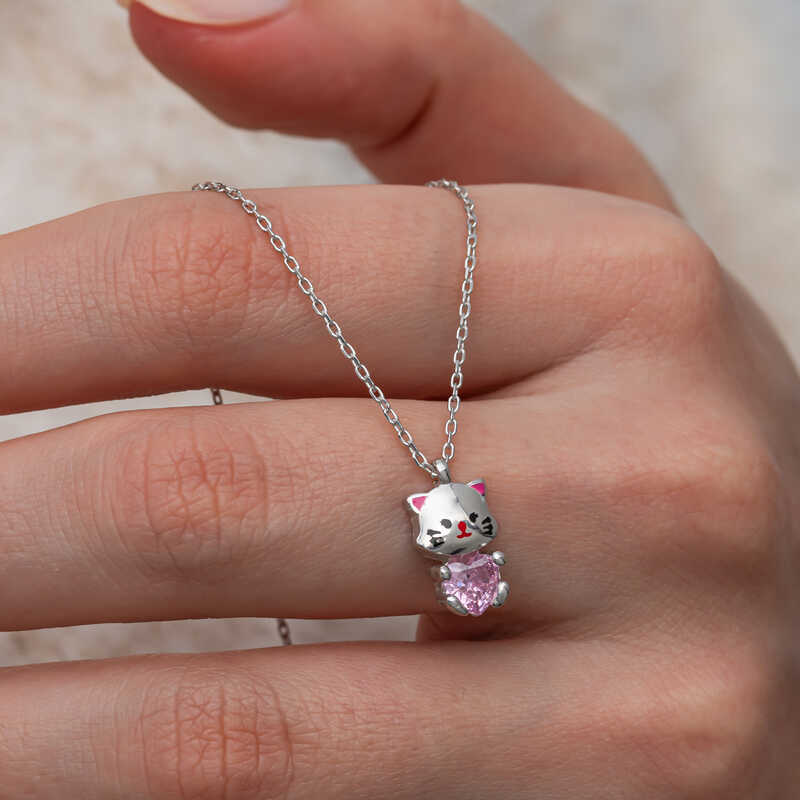 Cute Cat Woman Necklace with Pink Stones in Silver
