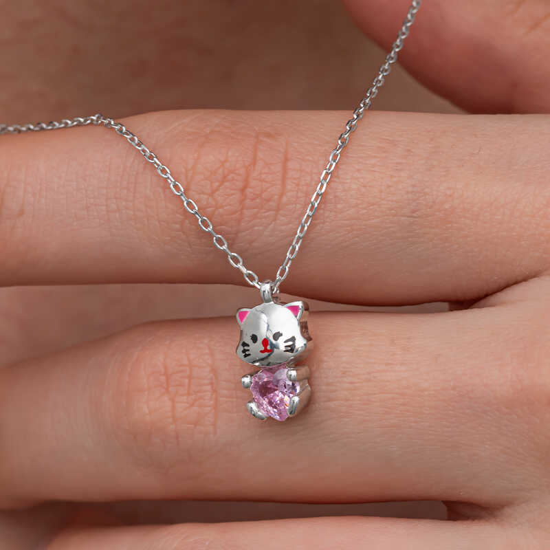 Cute Cat Woman Necklace with Pink Stones in Silver