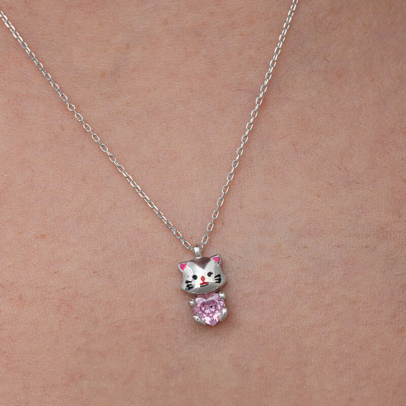 Cute Cat Woman Necklace with Pink Stones in Silver