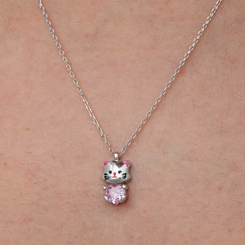 Cute Cat Woman Necklace with Pink Stones in Silver