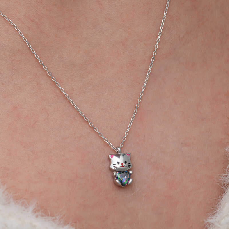 Cute Cat Necklace with Mystic Topaz Stone in Silver