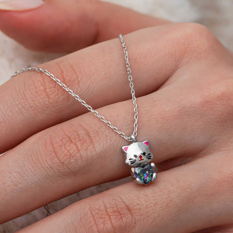 Cute Cat Necklace with Mystic Topaz Stone in Silver