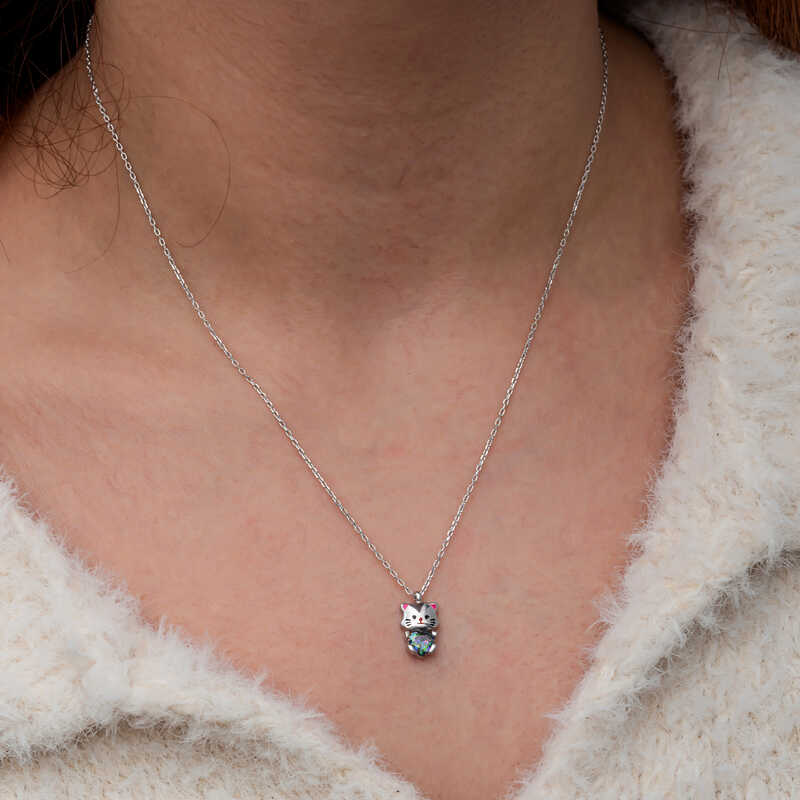 Cute Cat Necklace with Mystic Topaz Stone in Silver