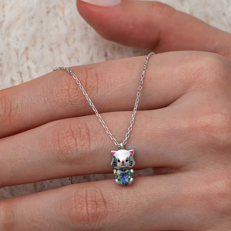 Cute Cat Necklace with Mystic Topaz Stone in Silver