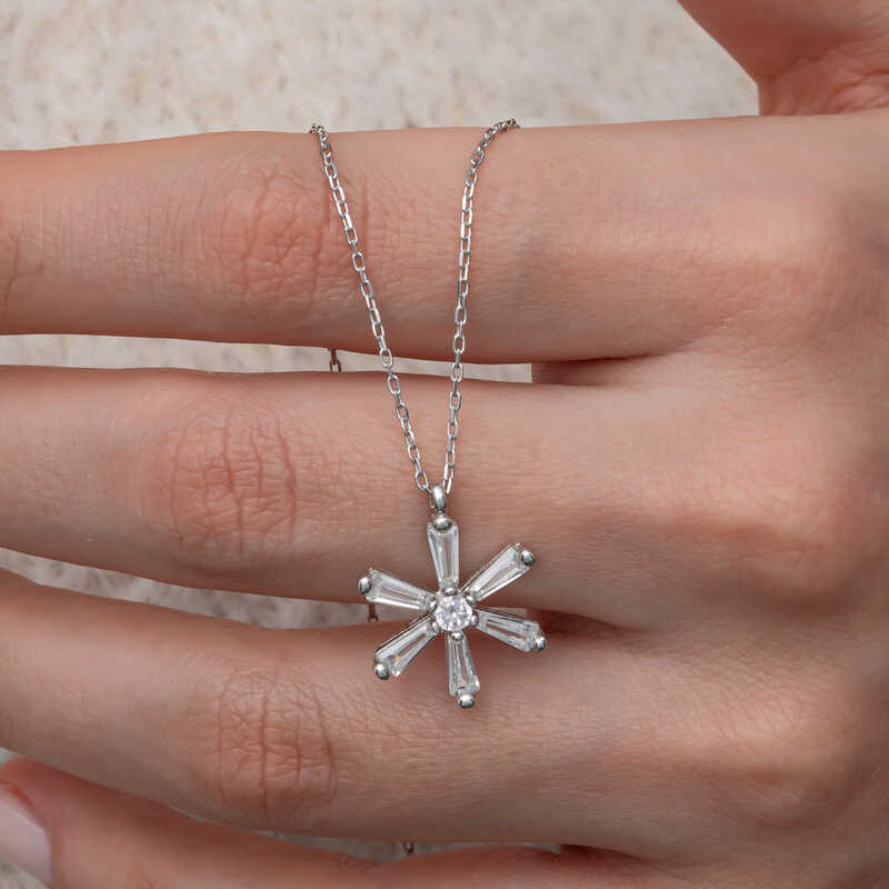 Silver Baguette Stone Flower Women’s Necklace
