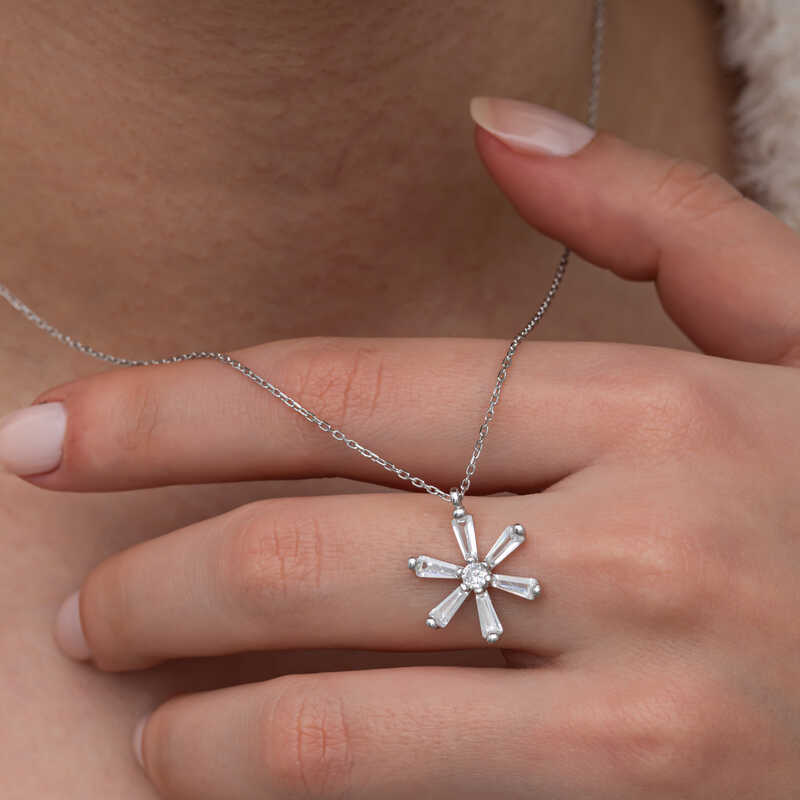 Silver Baguette Stone Flower Women’s Necklace