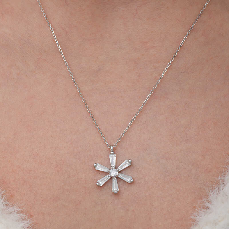 Silver Baguette Stone Flower Women’s Necklace