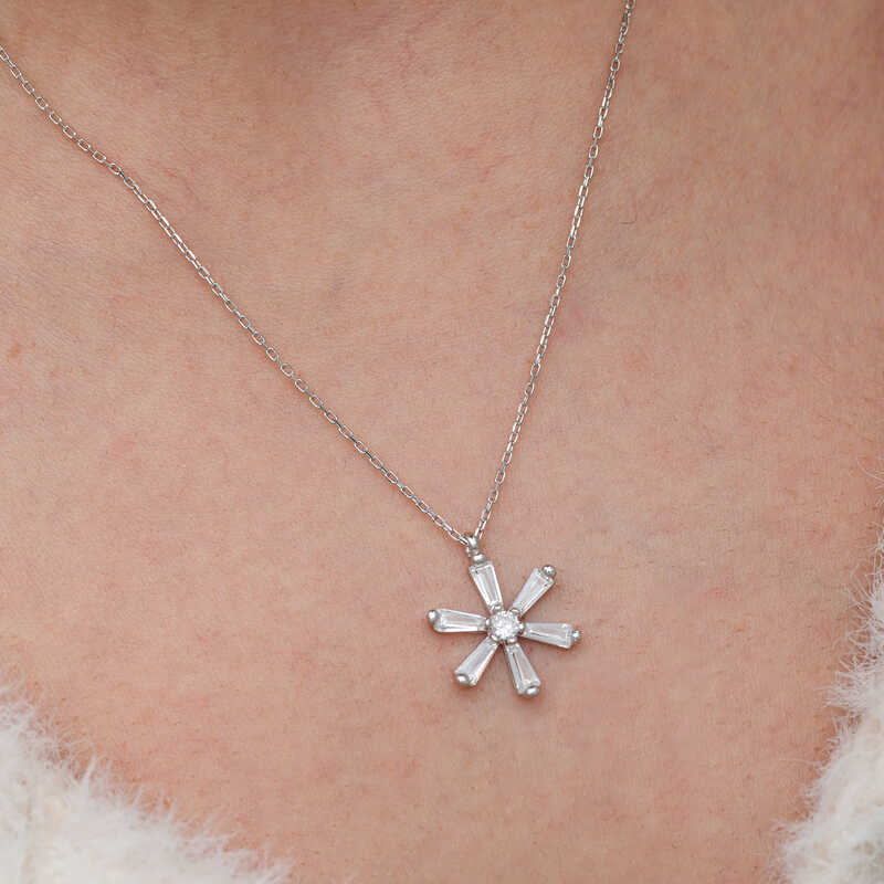 Silver Baguette Stone Flower Women’s Necklace