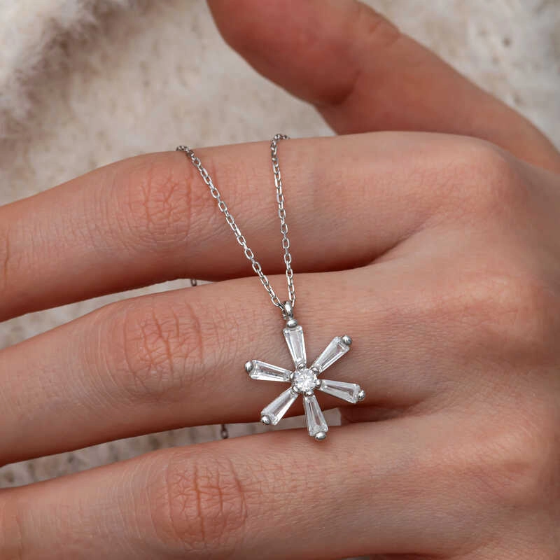 Silver Baguette Stone Flower Women’s Necklace