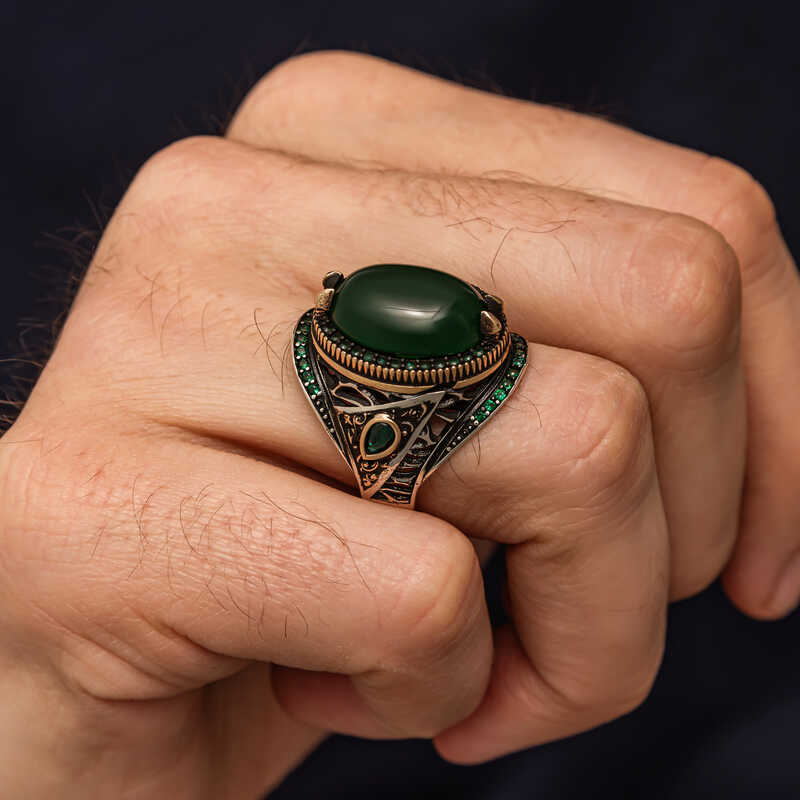 Silver Green Agate Stone Men’s Ring