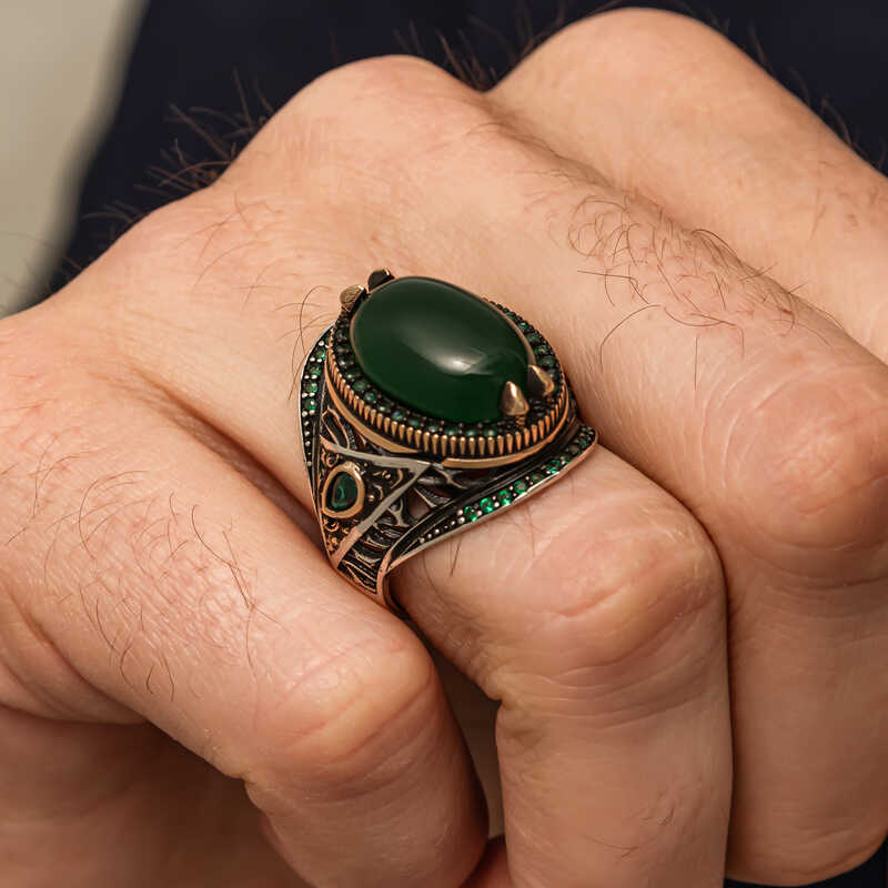 Silver Green Agate Stone Men’s Ring