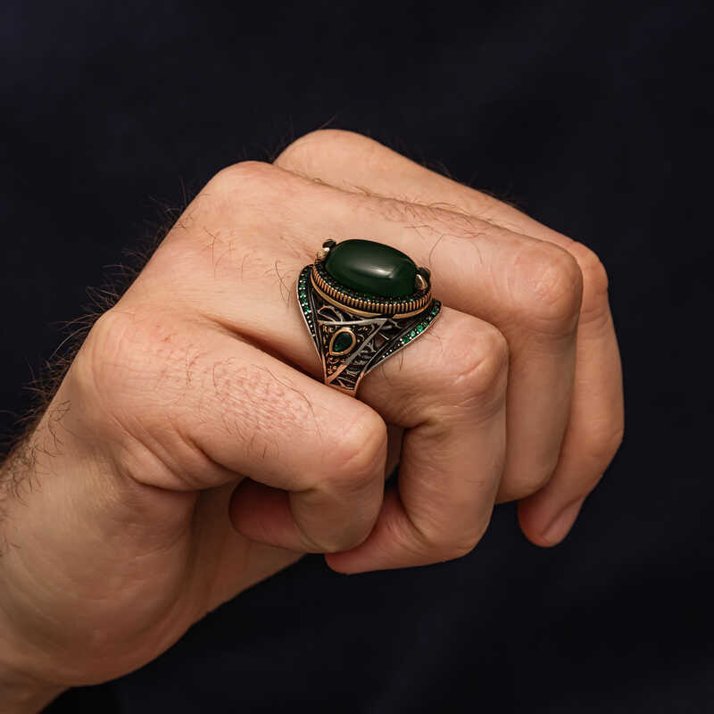 Silver Green Agate Stone Men’s Ring