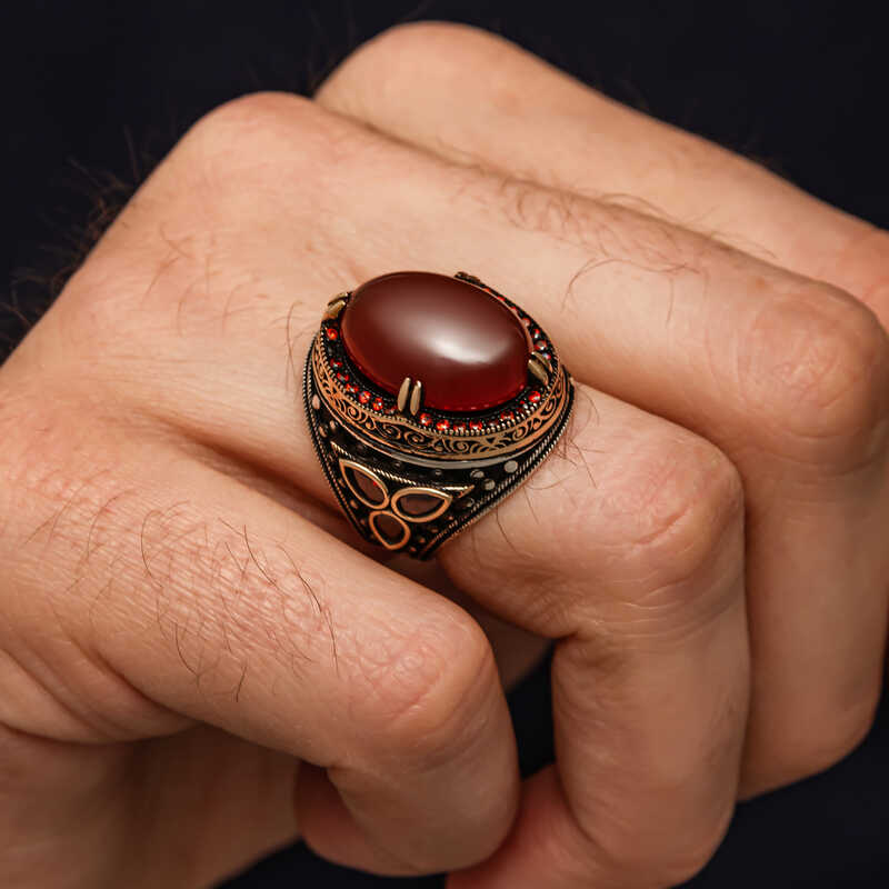 Silver Red Agate Stone Men’s Ring