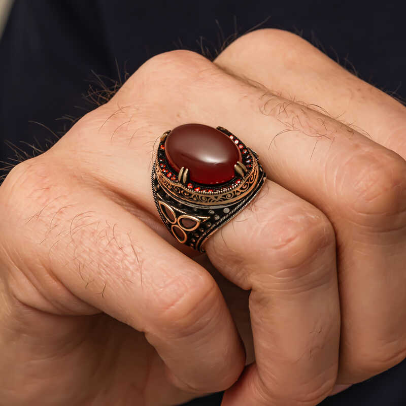 Silver Red Agate Stone Men’s Ring