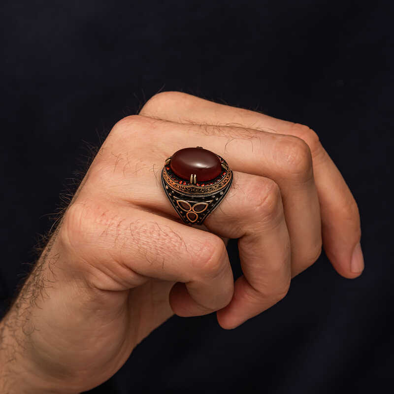 Silver Red Agate Stone Men’s Ring