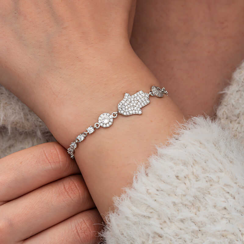 Silver Zircon Stone Fatima Hand Women’s Bracelet