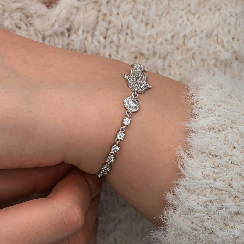 Silver Zircon Stone Fatima Hand Women’s Bracelet