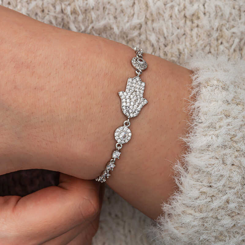Silver Zircon Stone Fatima Hand Women’s Bracelet