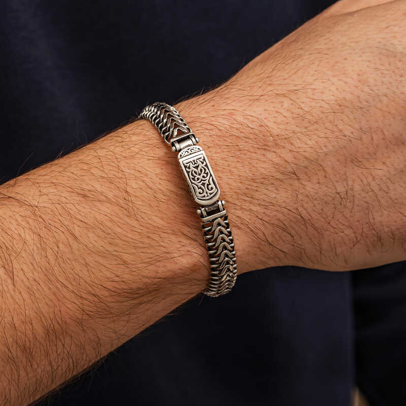 Silver Oxidized Embroidered Men’s Bracelet