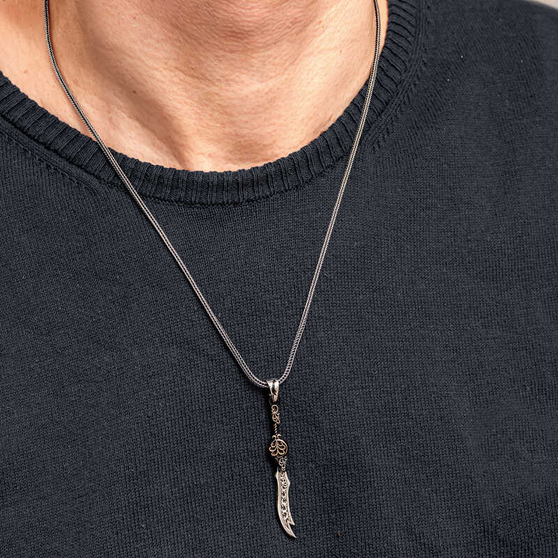 Silver Patterned Zulfiqar Sword Men’s Necklace