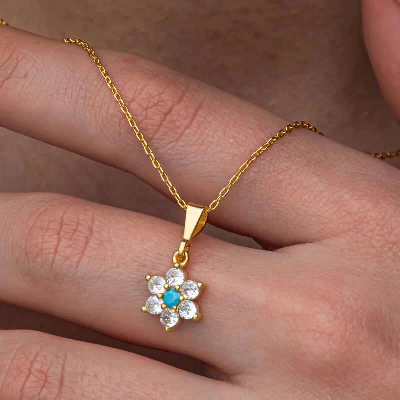 Silver Blue Stone Gold Flower Women’s Necklace