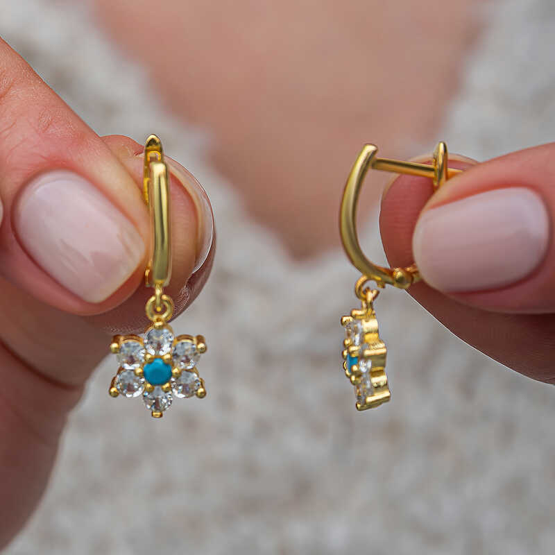 Silver Blue Stone Gold Flower Women’s Earrings
