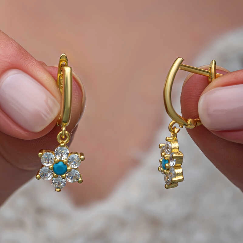 Silver Blue Stone Gold Flower Women’s Earrings