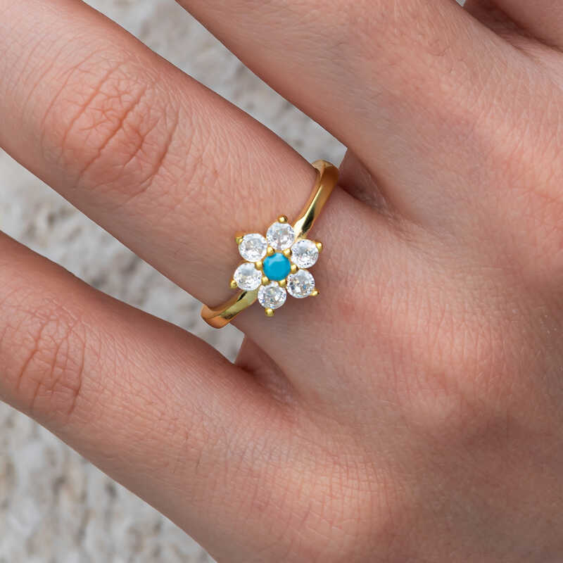 Silver Blue Stone Gold Flower Women’s Ring