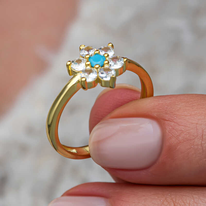 Silver Blue Stone Gold Flower Women’s Ring