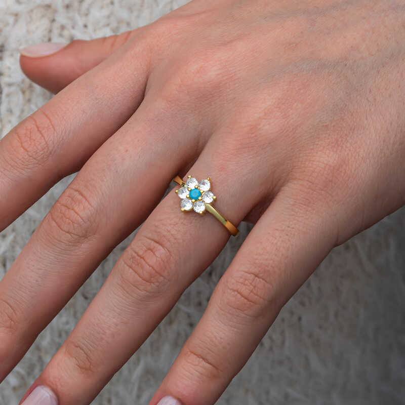 Silver Blue Stone Gold Flower Women’s Ring
