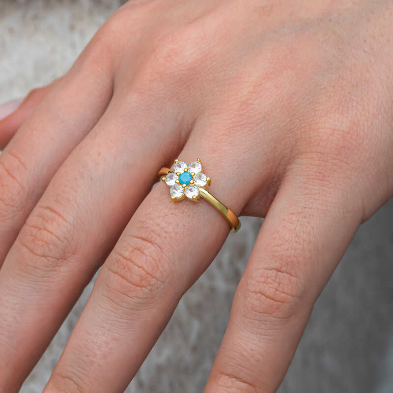 Silver Blue Stone Gold Flower Women’s Ring