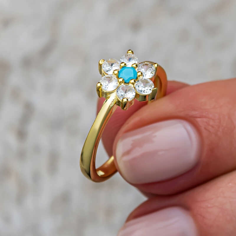 Silver Blue Stone Gold Flower Women’s Ring