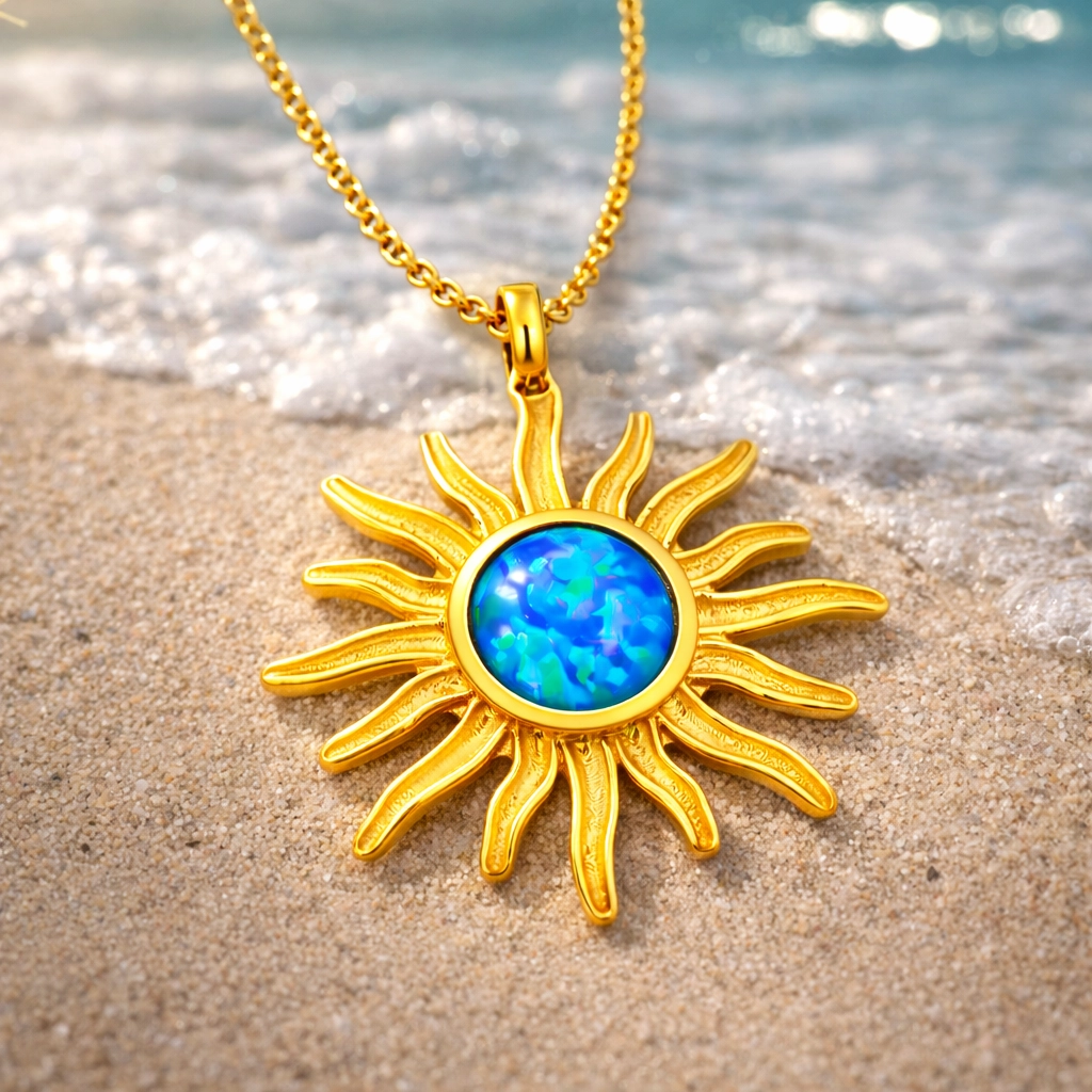Silver Gold Blue Opal Stone Sun Women’s Necklace