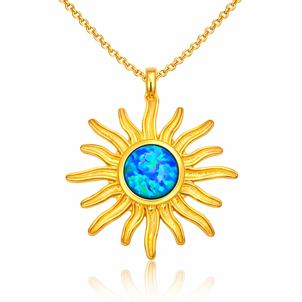 Silver Gold Blue Opal Stone Sun Women’s Necklace
